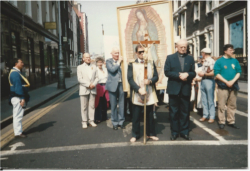 Dan Lynch and Mariologist Fr. Michael O'Carroll with the Missionary Image of Our Lady of Guadalupe leading a Rosary Procession of 15,000 faithful in Dublin, Ireland in reparation for abortion.